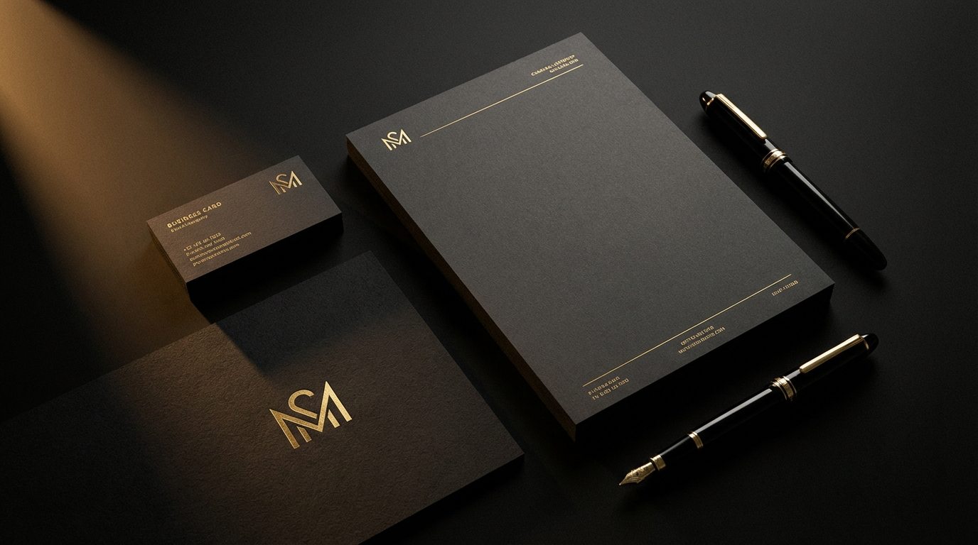 Brand identity materials on dark surface