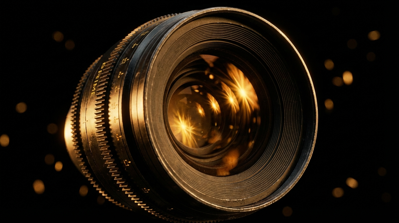 Professional camera lens with warm lighting